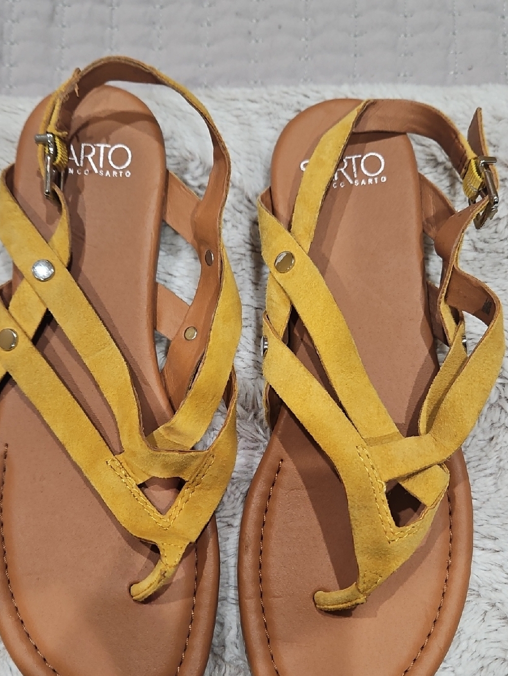 Franco Sarto Mustard Yellow Suede Strappy Ankle Buckle Sandals